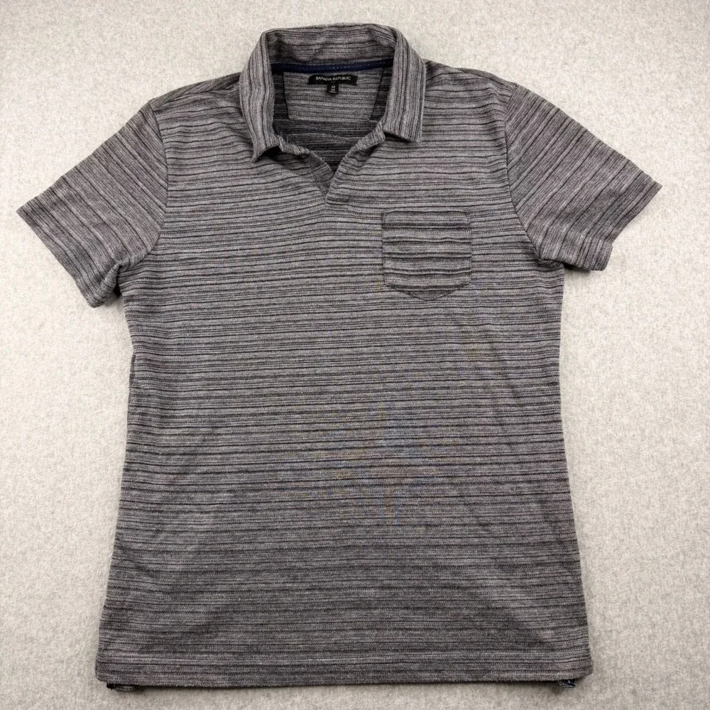 Banana Republic Mens Medium‎ Gray Striped Short Sleeve Polo Shirt Chest Pocket
